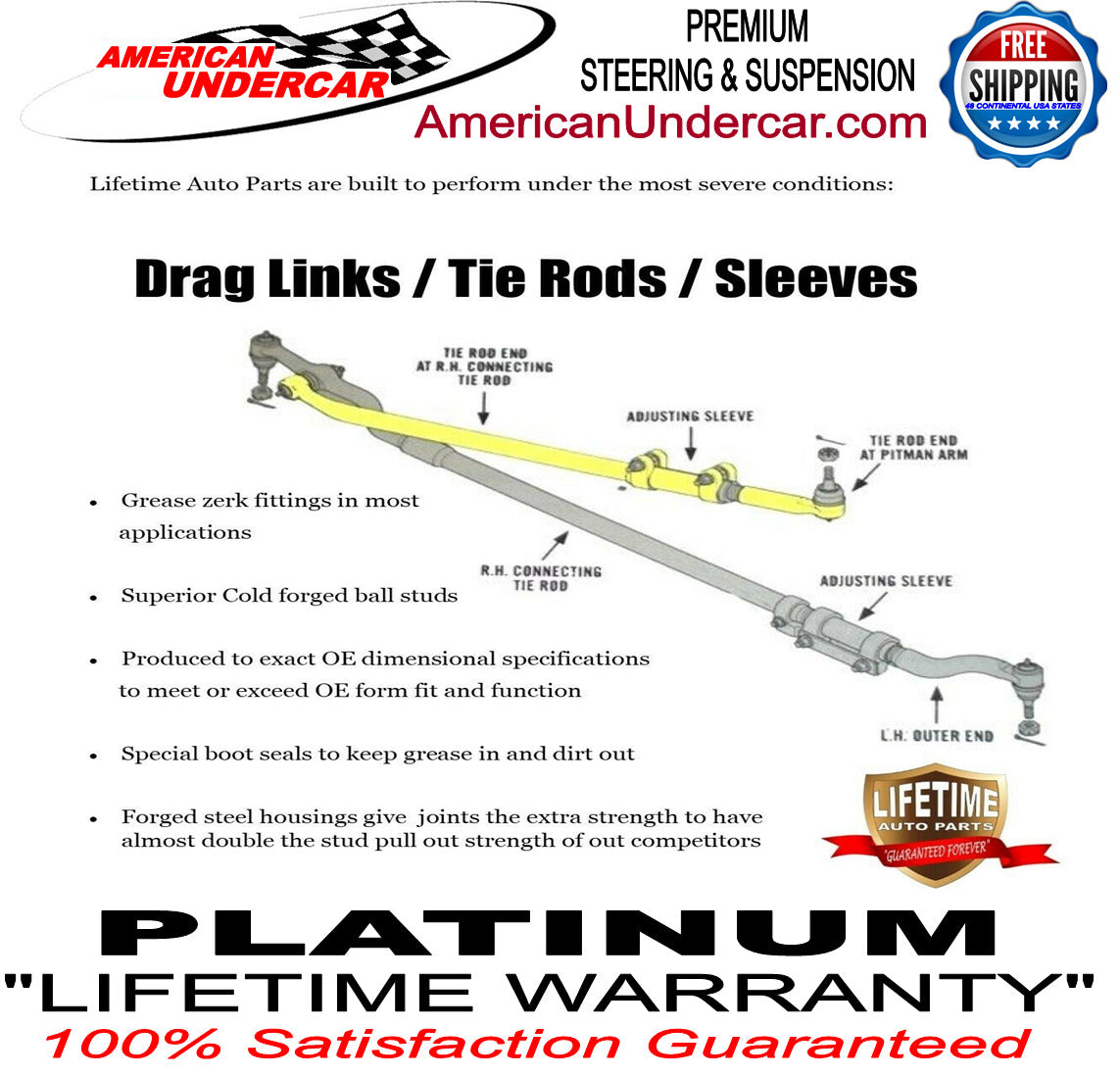 Lifetime Ball Joint Drag Link Tie Rod Steering Kit for 2008-2010 Ford F250, F350 Super Duty 4x4