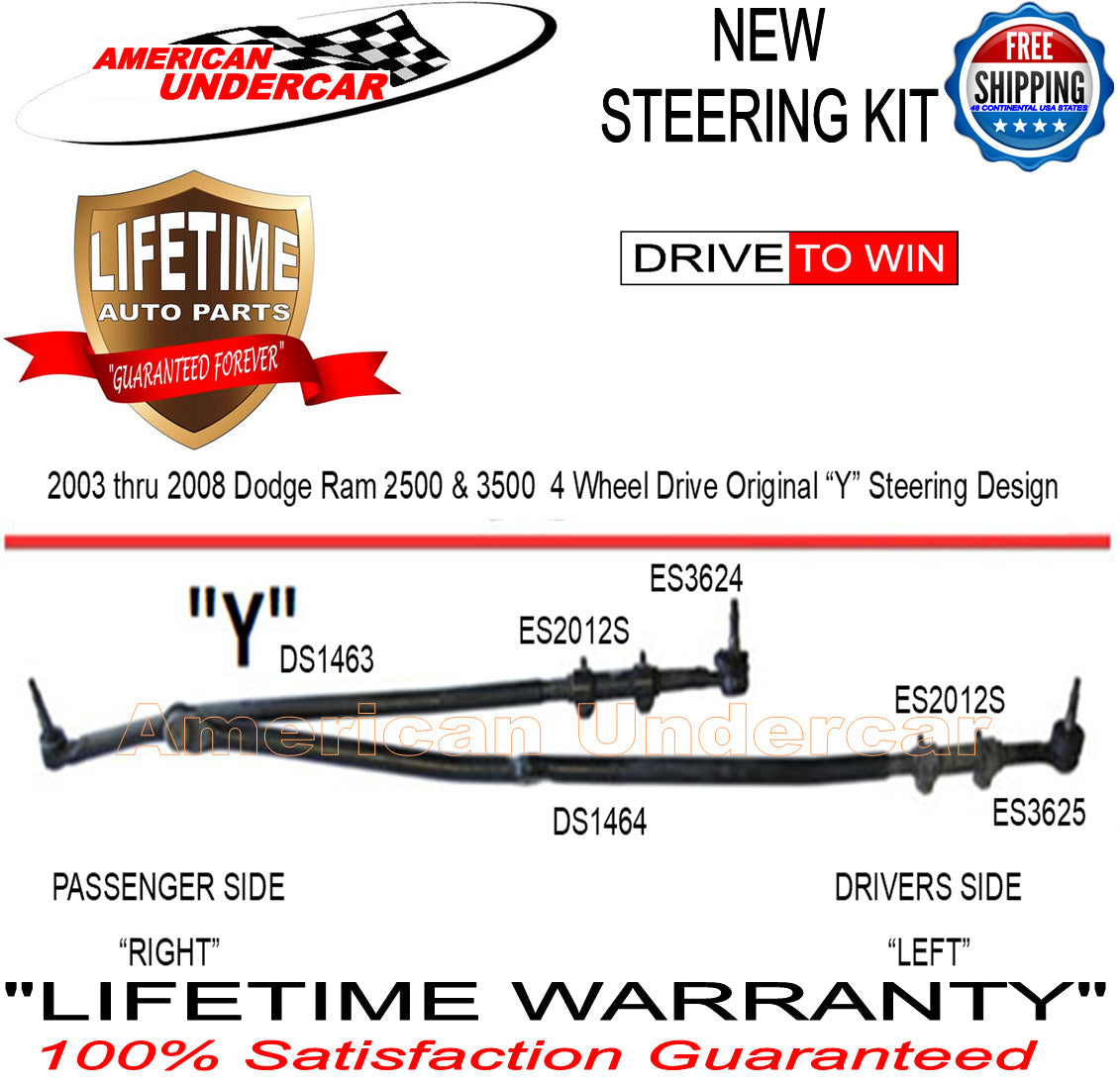 Lifetime Ball Joint Drag Link Tie Rod Steering Kit for 2003-2008 Dodge Ram 2500, 3500 4x4